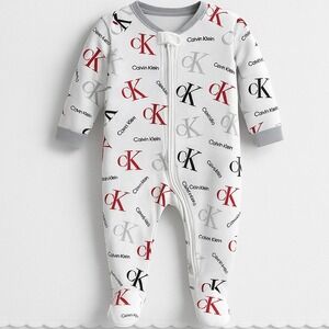 Calvin Klein Baby Footed Pajamas 6 9M White Red Logo‎ Print One Piece Sleepwear